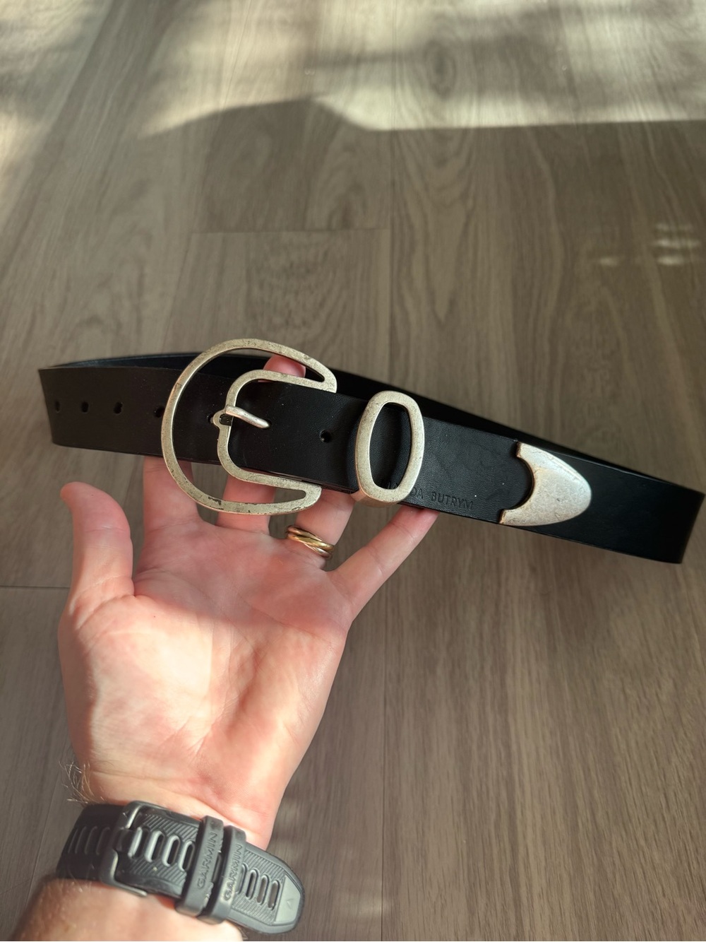 Magda Butrym Black Leather Western Belt Gold Sculptural Buckle One Size